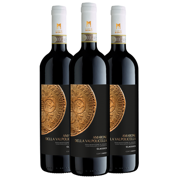 Drei Flaschen Amarone della Valpolicella Classico Rotwein mit schwarzen Etiketten und goldenem Münzmotiv.