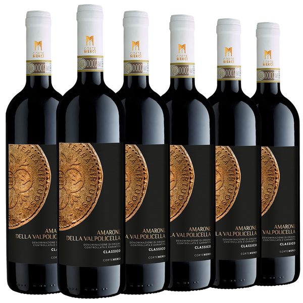 Sechs Flaschen Amarone della Valpolicella Rotwein mit schwarzem Etikett und Goldmünzenmotiv, in einer Reihe stehend.