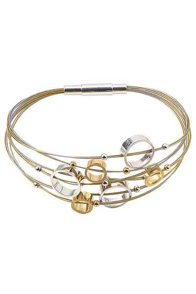 Armband aus Gold- und Silberdraht mit runden Metallakzenten und Perlendetails, mit Magnetverschluss.