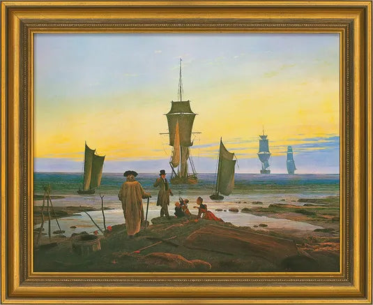 Gerahmter Druck von Caspar David Friedrichs „Die Lebensstufen“ (1835), der Menschen und Segelboote an einer felsigen Küste bei Sonnenuntergang zeigt, in der Ferne sind Schiffe zu sehen.