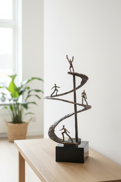 Bronzeskulptur von vier Figuren, die eine spiralförmige Rampe hinaufsteigen, auf einem schwarzen rechteckigen Sockel - hier platziert auf einem Tisch in einer modernen Wohnung. 