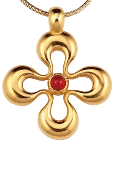 Das Bild zeigt das Collier mit einem Anhänger in Form einer Blume und einem heilbringendem Granat als Glücksstein in der Mitte. 