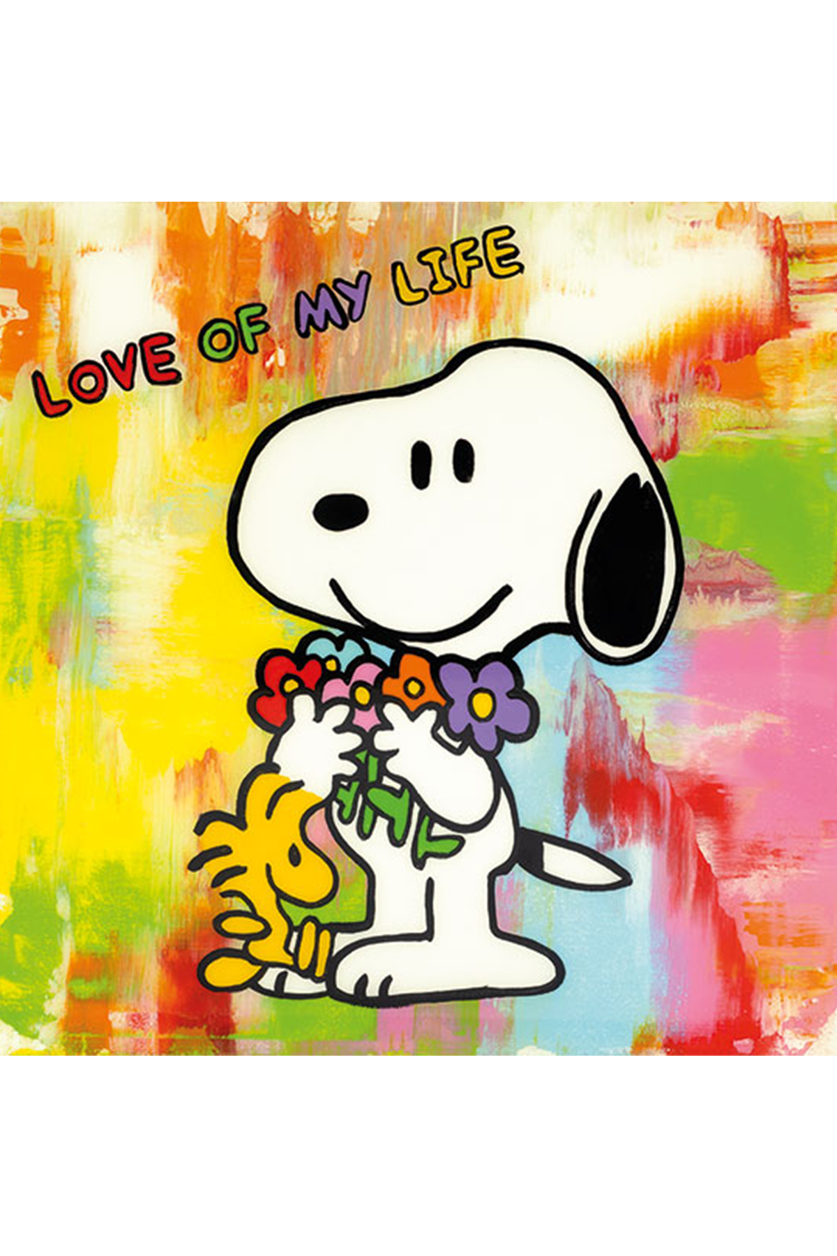 Das Bild zeigt Snoopy mit Woodstock und einem Blumenstrauß. 