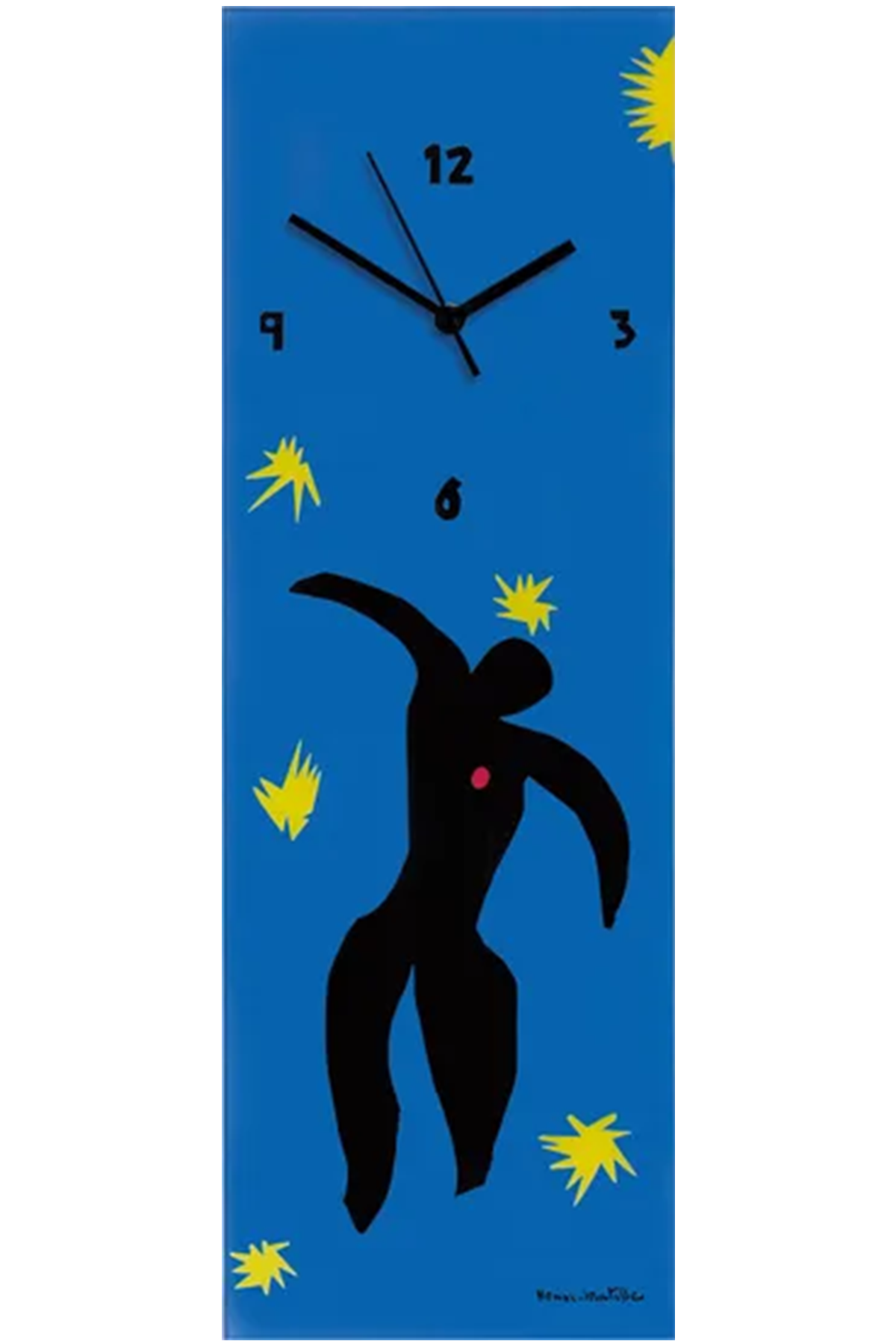 Blaue Uhr mit schwarzer abstrakter Figur, gelben Sternformen und einfachen schwarzen Uhrzeigern und Zahlen.