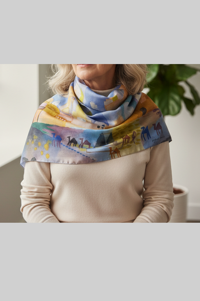 Ein rechteckiger Schal mit einem farbenfrohen abstrakten Muster, das Gebäude, Kuppeln und Silhouetten von Kamelen und Menschen in einer Wüstenlandschaft zeigt, getragen an einer Dame im weißen Pullover. 