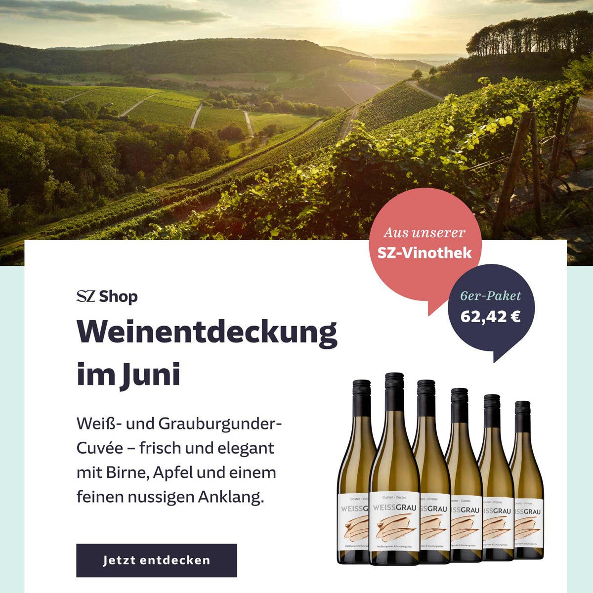 Weinentdeckung Juni: weiß- und Grauburgunder-Cuvée. risch und elegant mit Birne, Apfel und einem feinen nisigen Anklang. 6er Paket 62,42 €