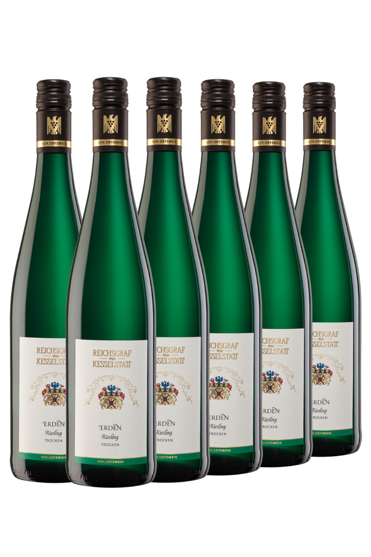Sechs grüne Glasflaschen mit Reichsgraf von Kesselstatt Riesling sind in einer Reihe vor einem schlichten weißen Hintergrund angeordnet.