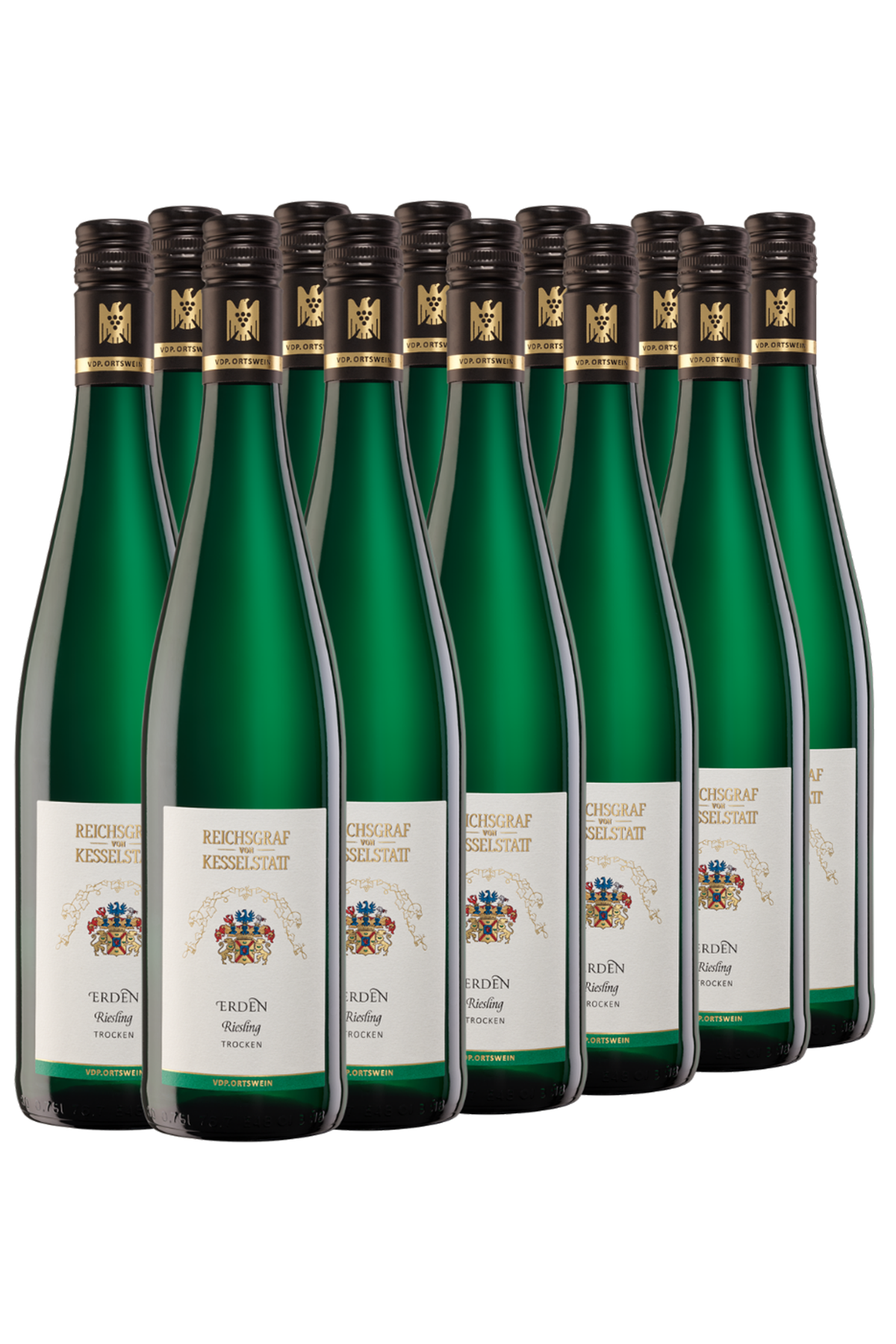 Zehn grüne Flaschen Reichsgraf von Kesselstatt Erdén Riesling Weißwein, aufrecht in zwei Reihen angeordnet.