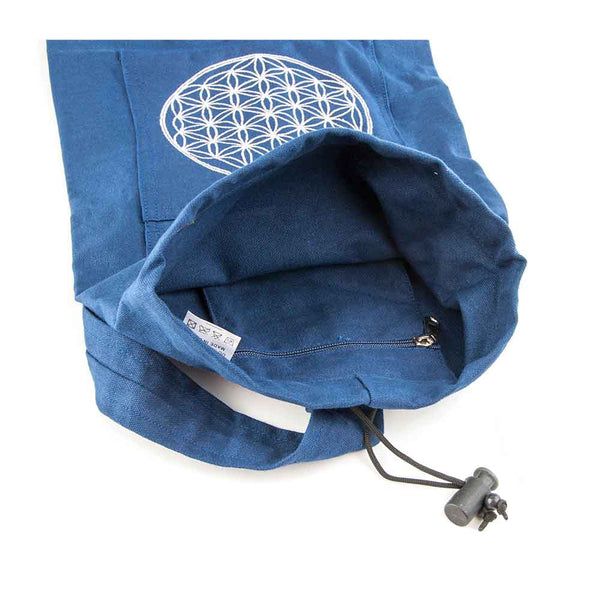 Blaue Stofftasche mit weißem, geometrischem Muster, geöffnet, um die Innentasche mit Reißverschluss und Kordelzug zu zeigen.