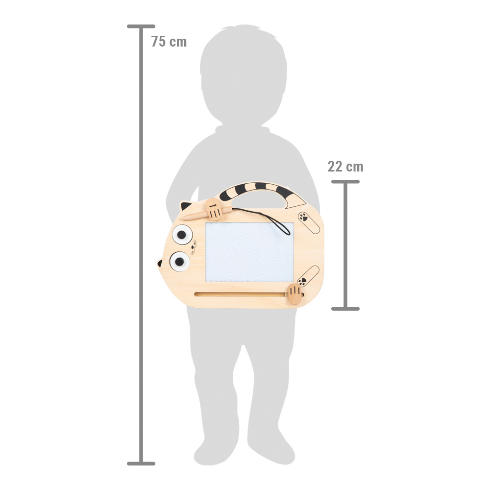 Eine Kindersilhouette hält die Magnetische Zaubertafel Katze, eine magnetische Zeichentafel in Katzenform mit einer Höhe von 75 cm und einer Tafelbreite von 22 cm.