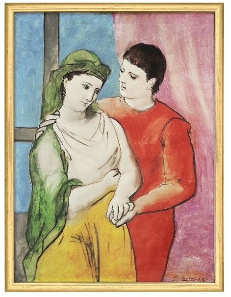 Zwei Figuren, eine in Grün und Gelb, die andere in Rot, stehen dicht beieinander vor einem bunten Hintergrund.