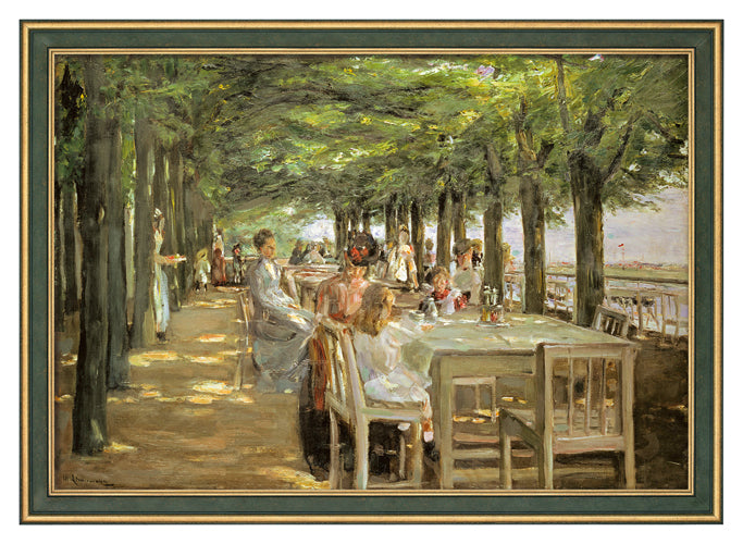 Impressionistisches Gemälde von Menschen, die im Freien unter belaubten Bäumen speisen, durch die das Sonnenlicht fällt.