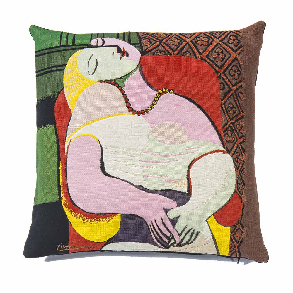 Kissen mit dem Kunstwerk einer liegenden Frau im abstrakten Stil, inspiriert von Picassos Gemälde „Der Traum“.