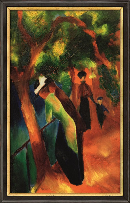 Expressionistisches Gemälde von drei Frauen und einem Kind, die unter leuchtend grünen Bäumen auf einem sonnenbeschienenen Pfad spazieren.