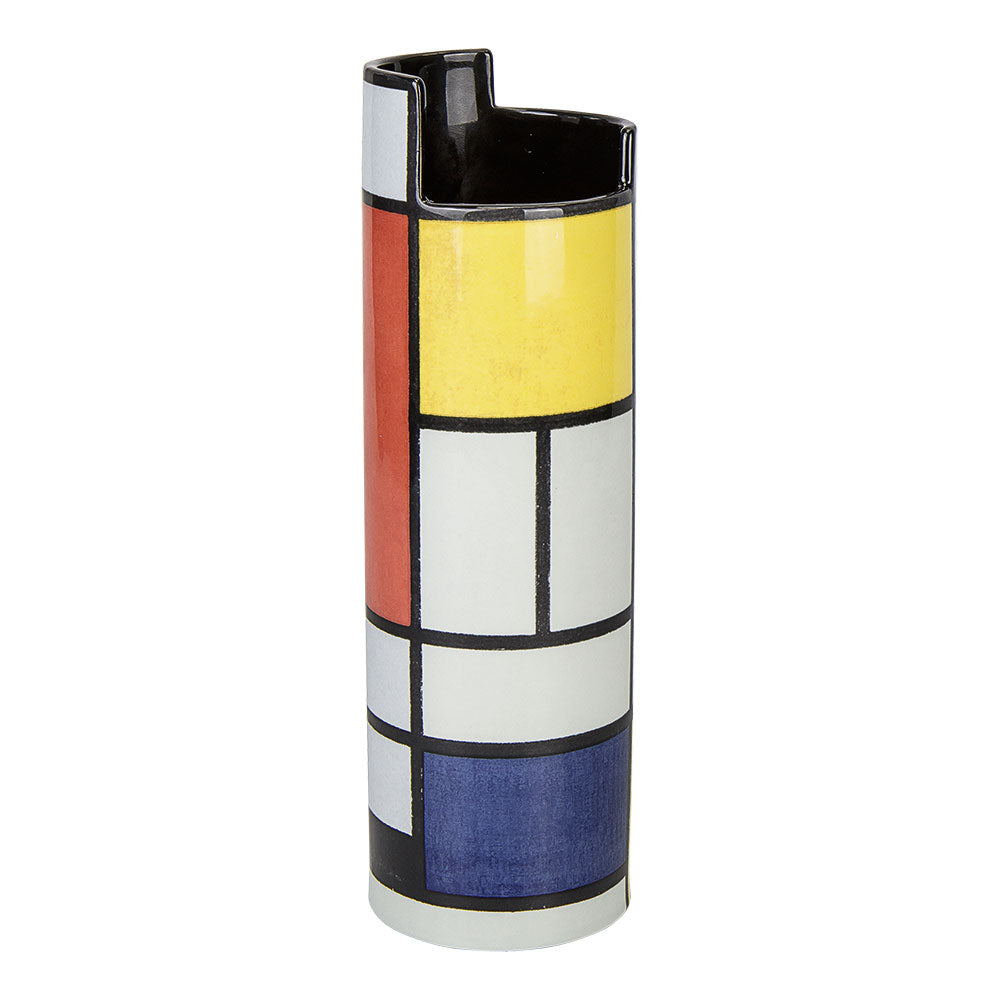 Hohe Keramikvase mit geometrischen Blöcken in Rot, Gelb, Blau, Schwarz und Weiß im Mondrian-Stil.