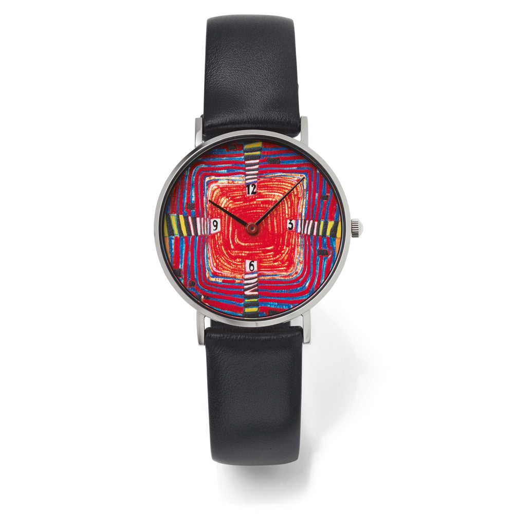 Armbanduhr mit schwarzem Lederarmband und farbenfrohem, abstraktem, rot-mehrfarbigem geometrischem Zifferblatt.