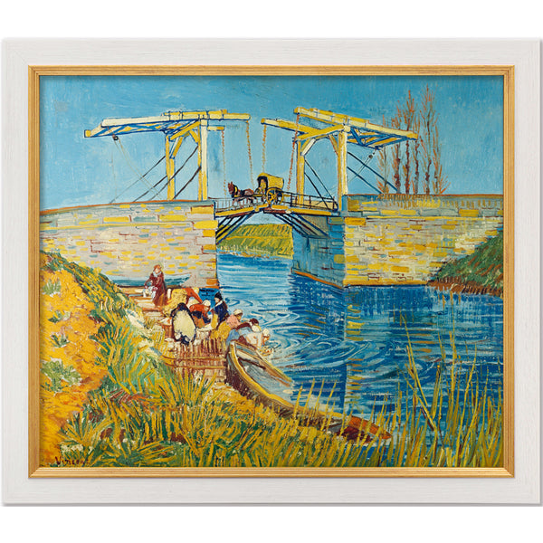 Gemälde einer Zugbrücke über einem blauen Fluss mit Menschen und einem Pferdewagen auf der Brücke von Van Gogh.