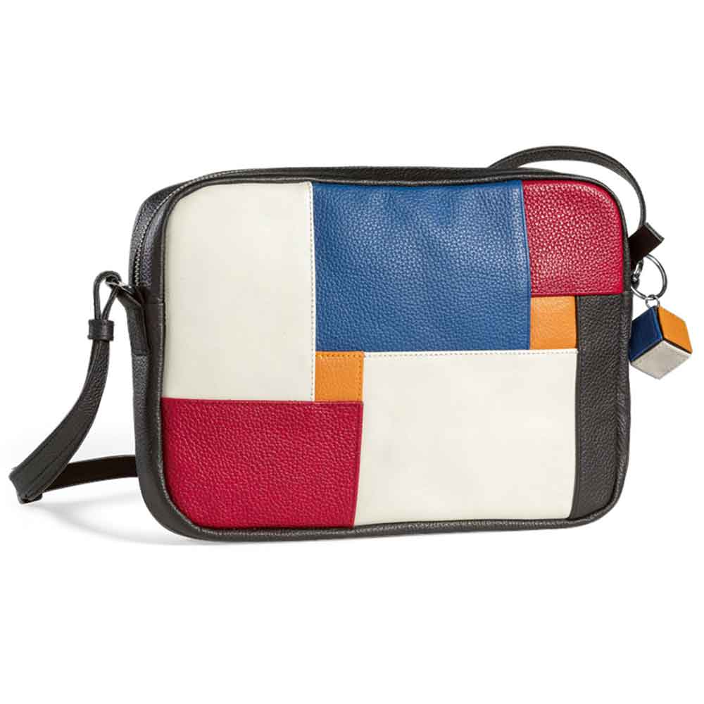 Rechteckige Umhängetasche mit Patchwork-Design aus rotem, blauem, weißem, orangefarbenem und schwarzem Leder.