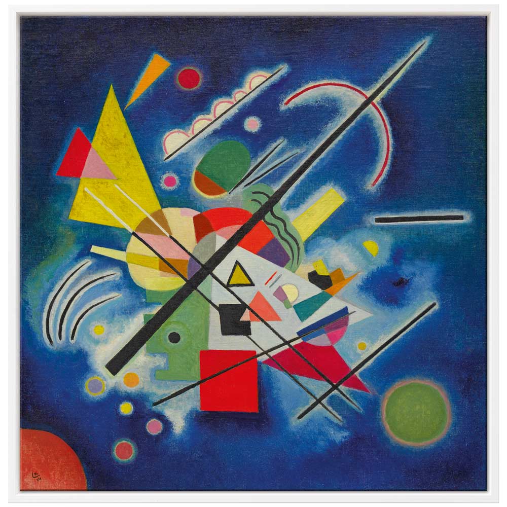Abstraktes Gemälde mit bunten geometrischen Formen und Linien auf blauem Hintergrund.