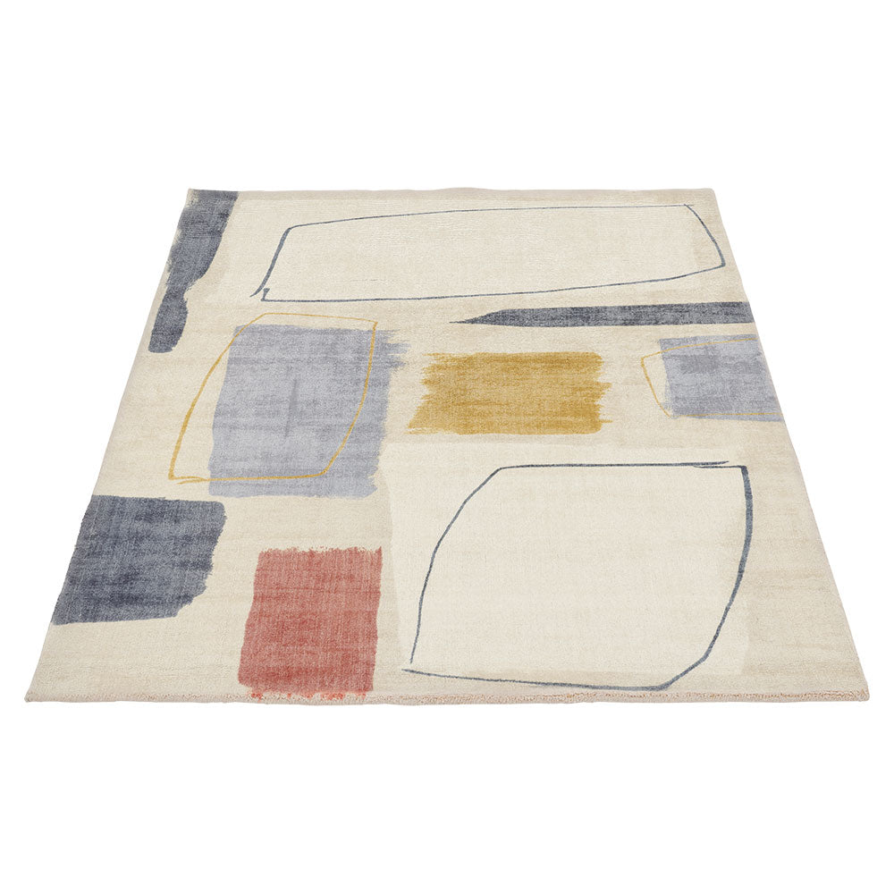 Abstrakter Teppich mit beigem Hintergrund und blauen, gelben und roten geometrischen Formen und Linien.