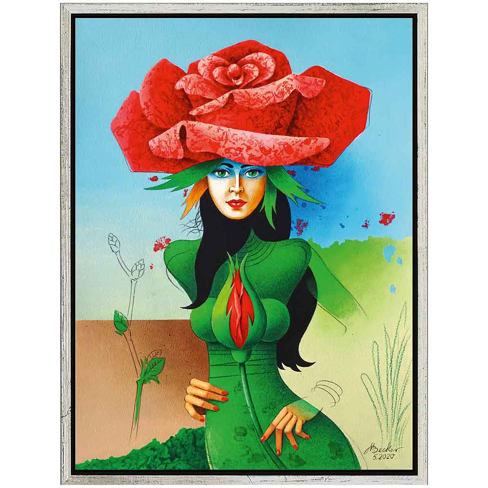 Surreales Porträt einer Frau in einem grünen Kleid mit einer großen roten Rose als Hut und floralen Elementen auf ihrem Körper.