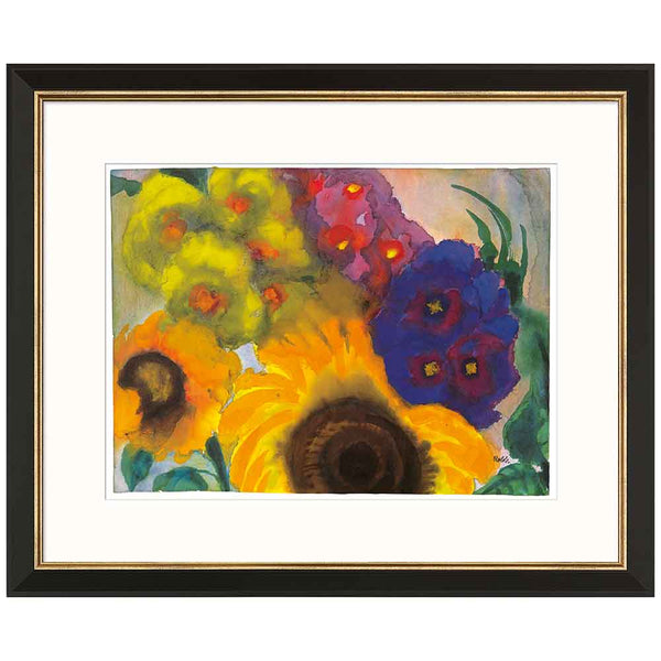 Farbenfrohes Aquarell von Sonnenblumen und anderen Blumen in einem schwarzen Rahmen mit weißer Matte.