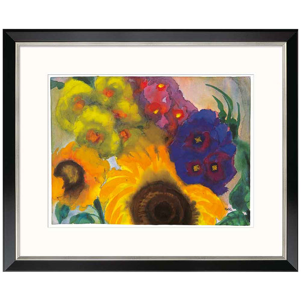 Ein gerahmtes Aquarell mit leuchtend gelben, violetten und roten Blumen und grünen Blättern.