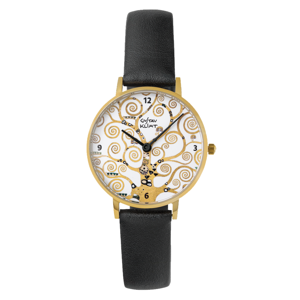 Goldene Armbanduhr mit schwarzem Lederarmband und dekorativem, kunstvollem Baumdesign auf dem Zifferblatt.