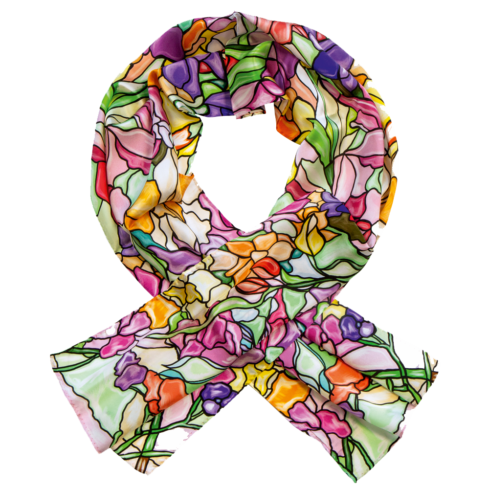 Farbenfroher Seidenschal mit Blumenmuster, in einer Schleife auf weißem Hintergrund angeordnet.