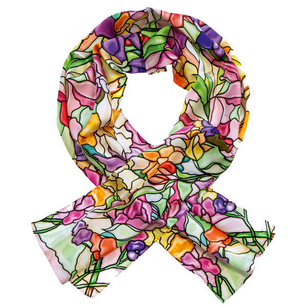 Farbenfroher Seidenschal mit Blumenmuster, in einer Schleife auf weißem Hintergrund angeordnet.