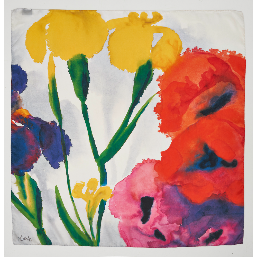 Blumenschal im Aquarellstil mit kräftigen gelben, roten, violetten und grünen Blumen auf weißem Hintergrund.