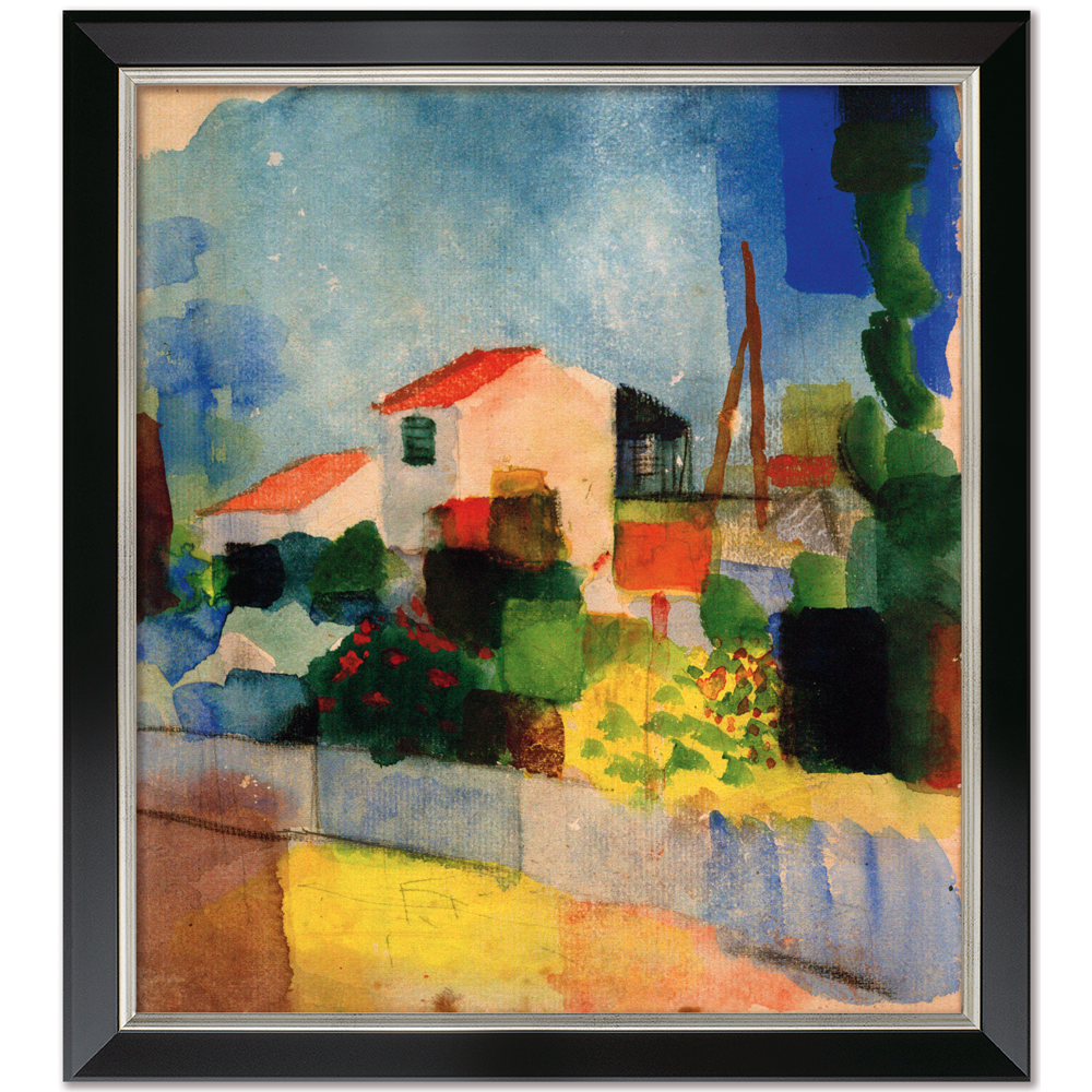 Aquarellmalerei eines Hauses mit rotem Dach, umgeben von bunten Bäumen und Büschen, in einem schwarzen Rahmen.