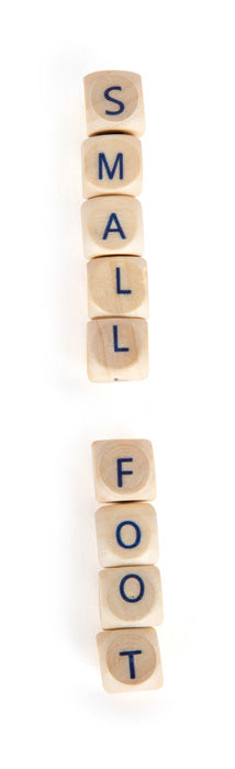 Die hölzernen Buchstabenblöcke aus dem Wörter legen „Educate“-Set sind vertikal angeordnet und bilden auf weißem Hintergrund die Buchstaben SMALL und FOOT.