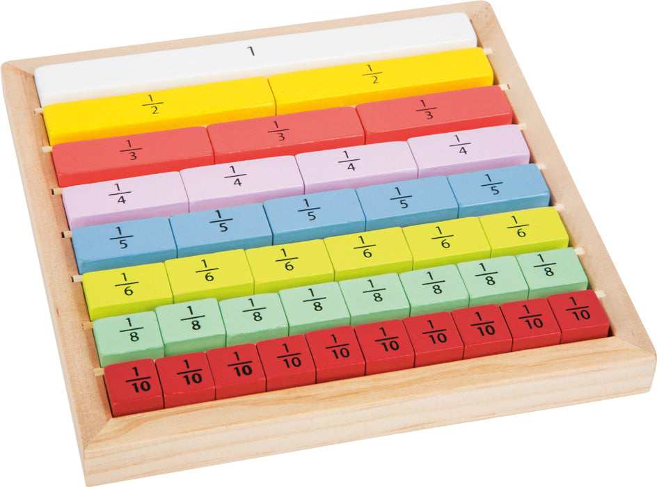 Das Bruchrechnungsset „Educate“ enthält farbige Bruchplättchen aus Holz, die von 1 Ganzzahl bis 1/10 beschriftet und übersichtlich in einer Holzschale angeordnet sind.