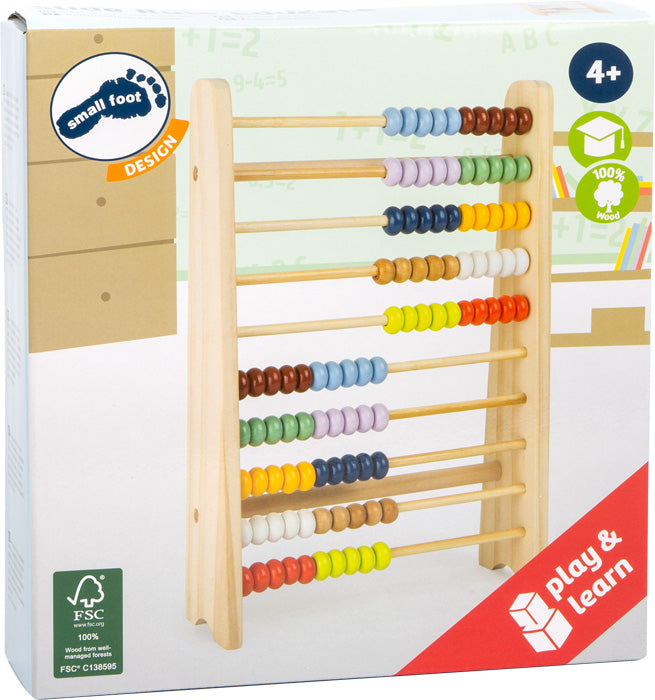 Rechenschieber „Educate“ – ein Holz-Rechenschieber mit bunten Perlen für Kinder ab 4 Jahren, verpackt in einer lernpädagogischen Spielbox.