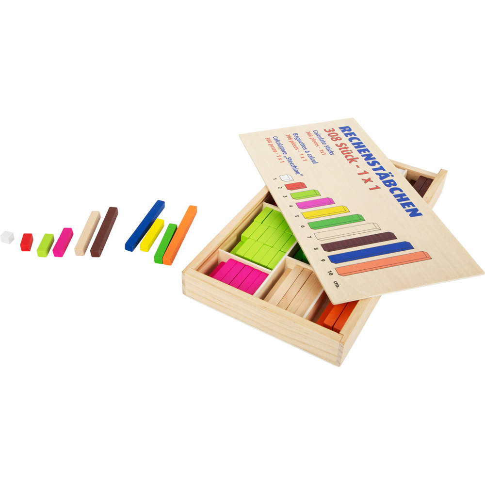 Die Lernbox Rechenstäbchen besteht aus einer Holzbox mit bunten Rechenstäben, von denen einige innen angeordnet und andere außen ausgestellt sind.