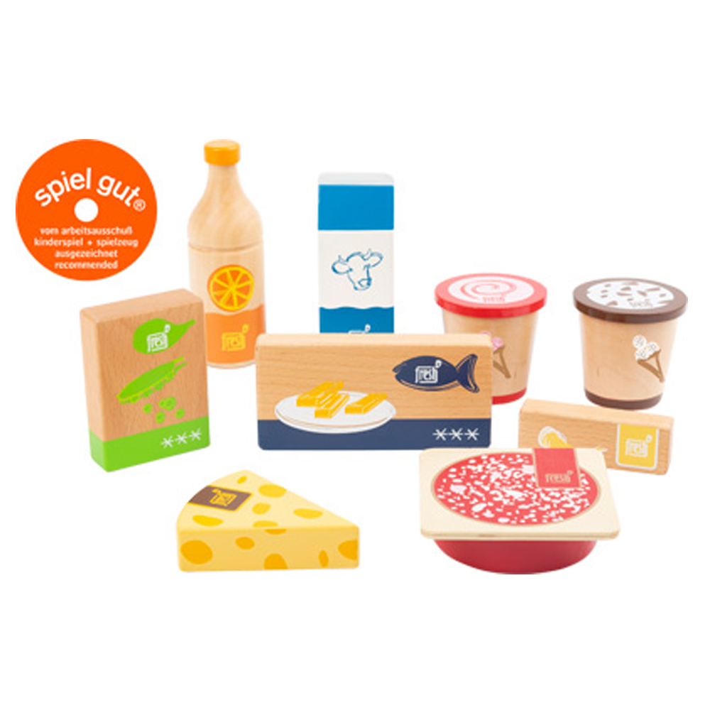 Das Gefrier- und Kühlwaren-Set „fresh“ zeigt Holzspielzeug-Lebensmittel wie Käse, Fisch, Milch, Saft und mehr auf weißem Hintergrund.