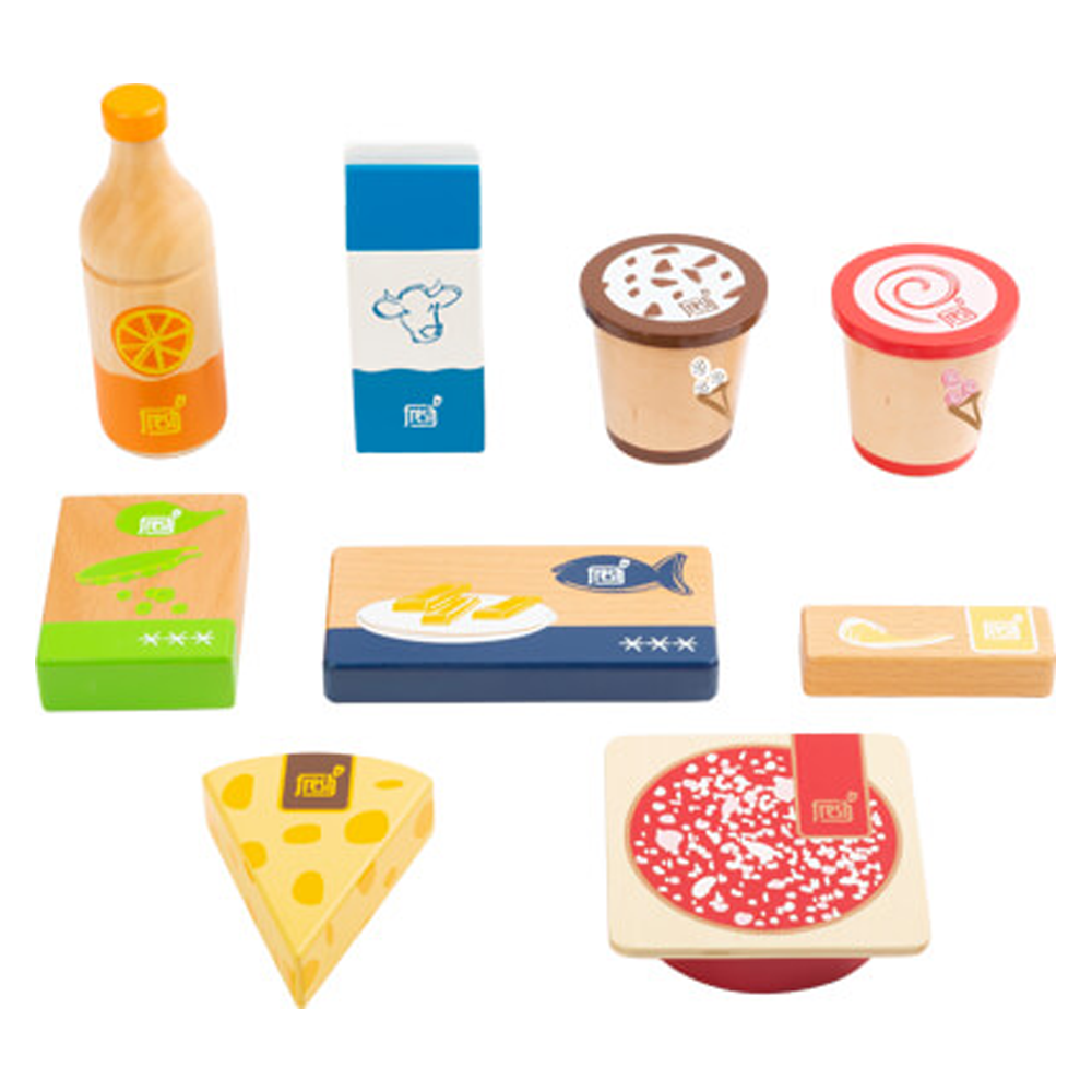 Gefrier- und Kühlwaren-Set „fresh“: Holzspielzeug-Lebensmittel wie Käse, Fisch, Milch, Saft, Joghurt, Pizza und andere Lebensmittel.