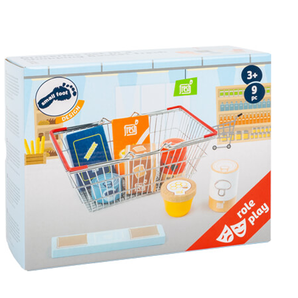 Lebensmittel-Set im Einkaufskorb „fresh“: 9-teiliges Spielset für Rollenspiele, geeignet für Kinder ab 3 Jahren.