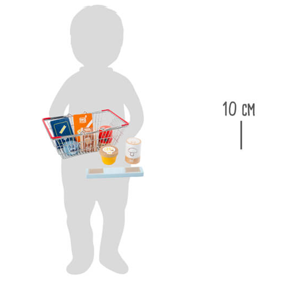 Silhouette eines Kindes, das das Lebensmittel-Set im Einkaufskorb „frisch“ hält; Die Skala zeigt die Korbhöhe mit 10 cm an.