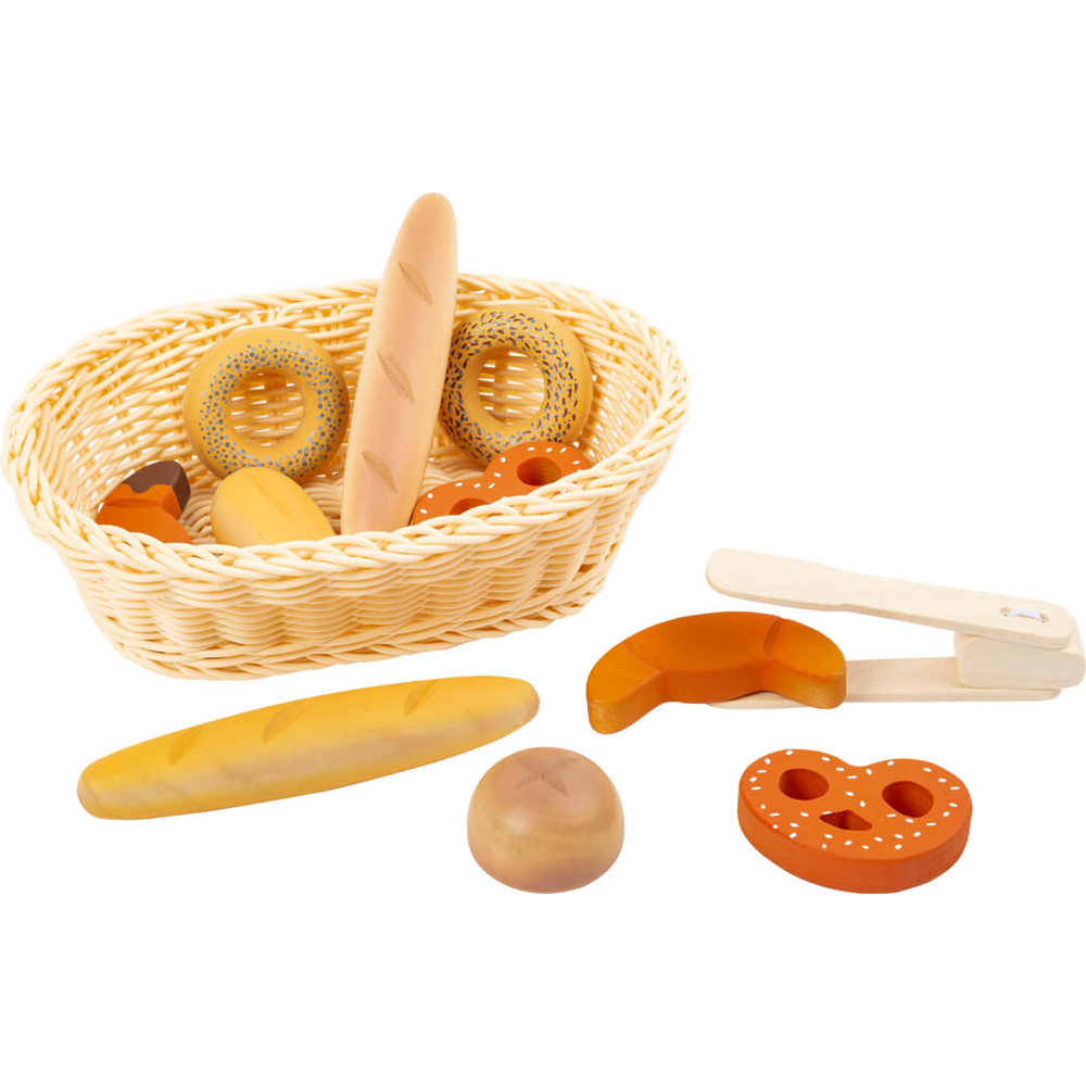 Das Brotkorb-Set „fresh“ beinhaltet Spielzeugbrot und Gebäck – Baguette, Brezel und Brötchen – in einem Weidenkorb mit Holzzange.