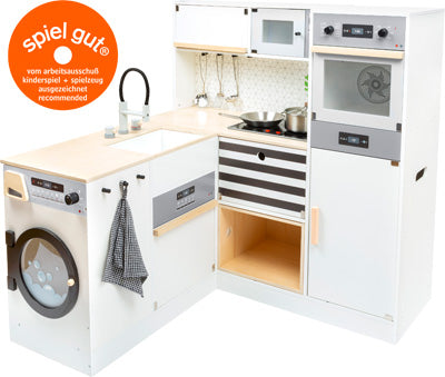 Kinderküche modular XL: Weißes Spielküchenset aus Holz mit Spüle, Herd, Backofen, Waschmaschine und ausgezeichnet mit dem spiel gut-Siegel.