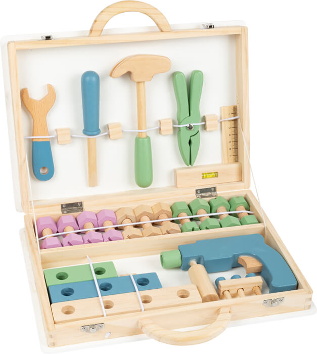 Werkzeugkoffer „Nordic“: Holzspielzeug-Werkzeugkasten-Set mit Werkzeugen und bunten Bausteinen, alles ordentlich sortiert in einem verschließbaren Koffer.