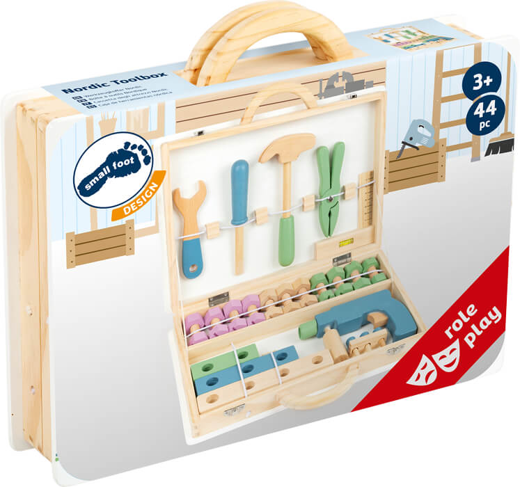 Werkzeugkoffer „Nordic“: Holzspielzeug-Werkzeugkasten-Set im Koffer, inklusive Spielwerkzeug und Zubehör für Kinder ab 3 Jahren.