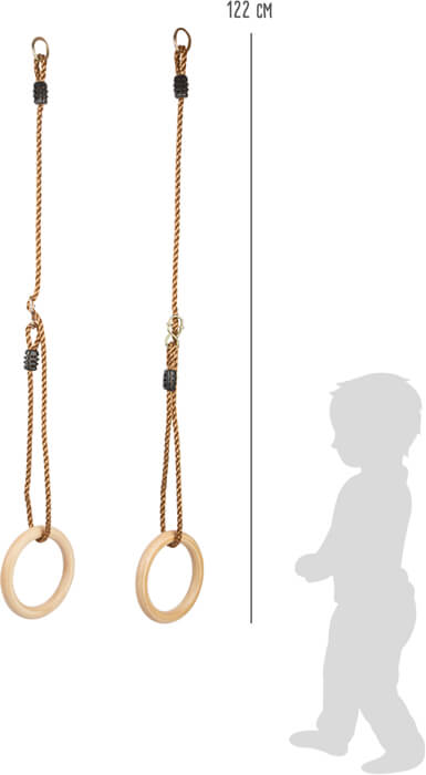 Die Turnringe Holz bestehen aus zwei hängenden Turnringen aus Holz mit Seilen, die neben einer Kindersilhouette und einer 122 cm großen Höhenmarkierung abgebildet sind.