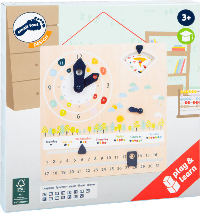 Die Lernuhr mit Kalender „Educate“ ist ein Lernspielzeug aus Holz für Kinder, das Tage, Monate, Wetter und Uhrzeit anzeigt.