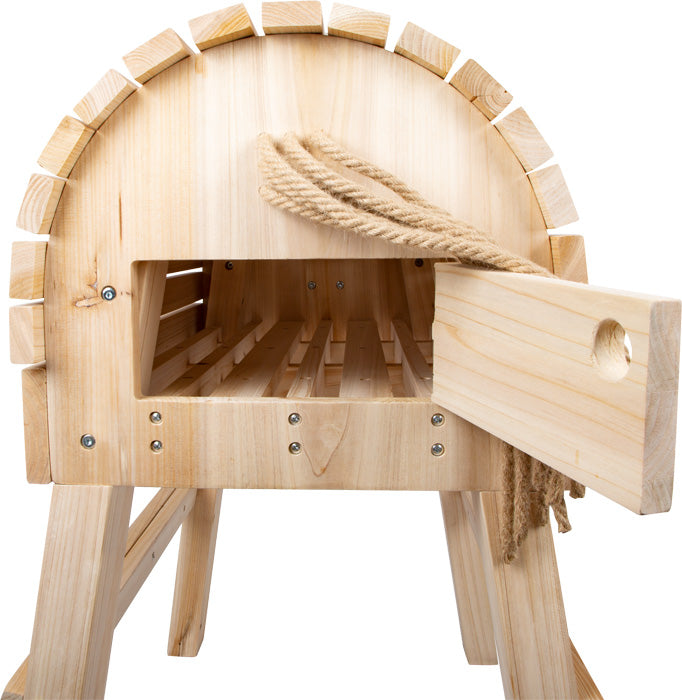 Das Holzpferd ist ein Voltigierpferd aus Holz als Spielzeug mit Seilgriffen, einer offenen Vorderseite und stabilen Beinen, abgebildet auf weißem Hintergrund.
