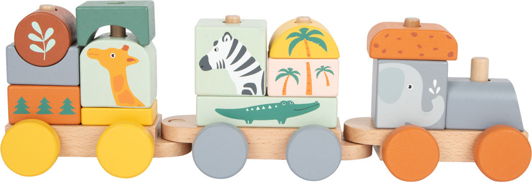 Der Holzzug „Safari“ ist eine Holzspielzeugeisenbahn mit bunten Tier- und Baumklötzen, darunter eine Giraffe, ein Zebra, ein Krokodil und ein Elefant.