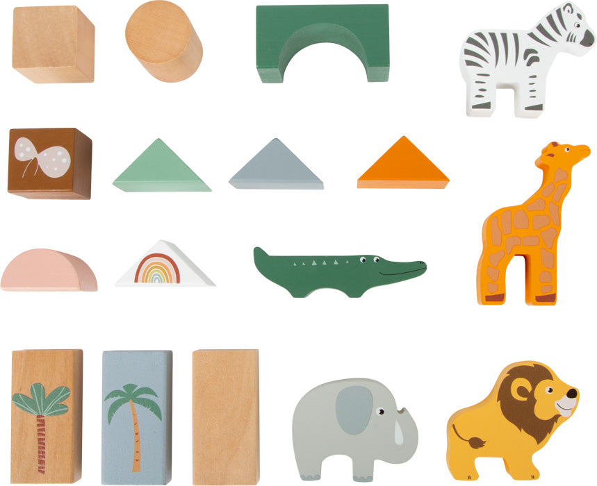 Das Holzbausteine-Set „Safari“ besteht aus verschiedenen bunten Tierfiguren und geometrischen Holzklötzen, die in Reihen auf weißem Untergrund angeordnet sind.