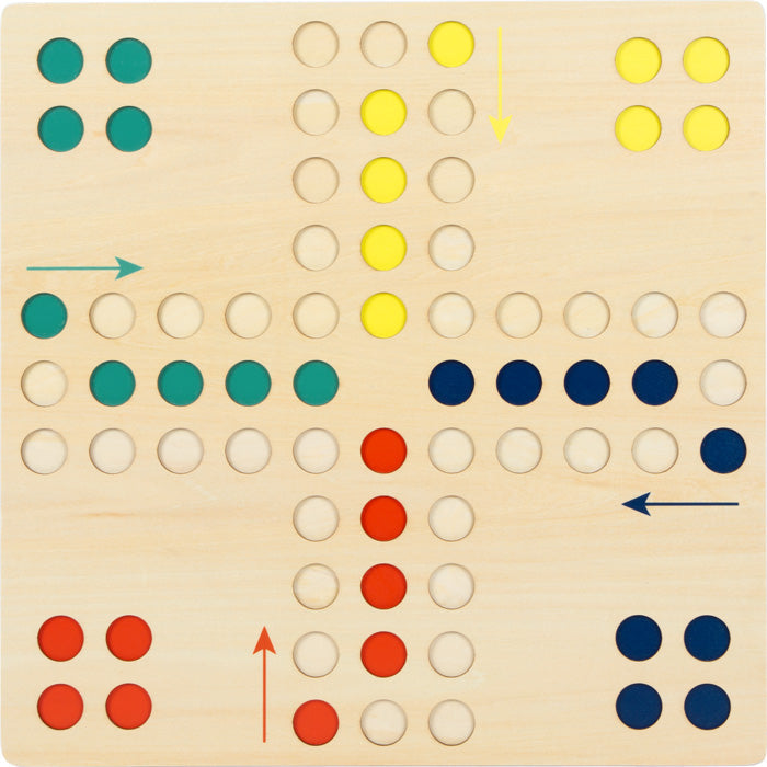 Ludo XL-Brettspiel aus Holz mit bunten Spielsteinen – grün, gelb, rot und blau – und Richtungspfeilen.